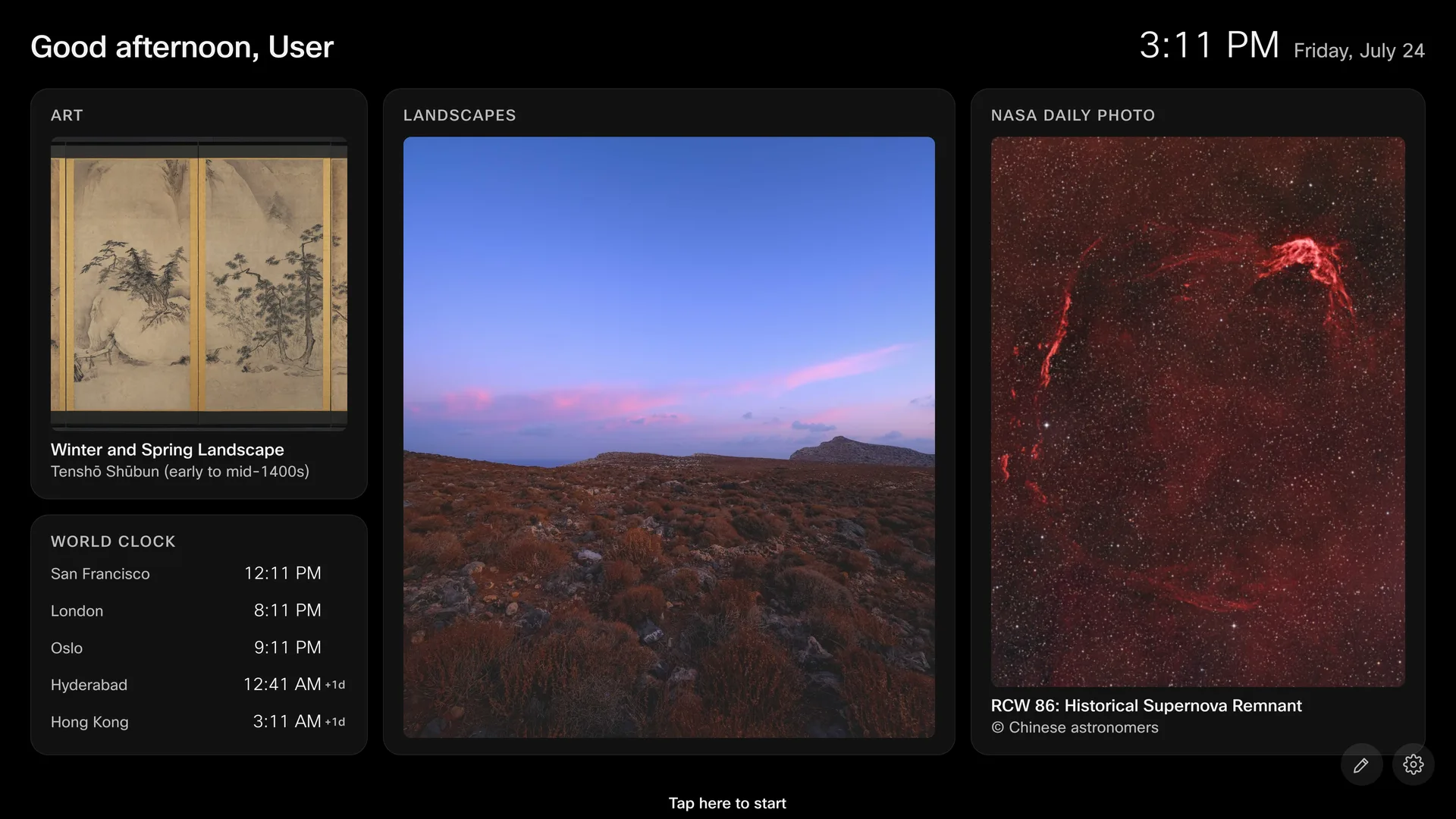 A board showing Art, World Clock, Landscapes, and NASA Daily Photo widgets.