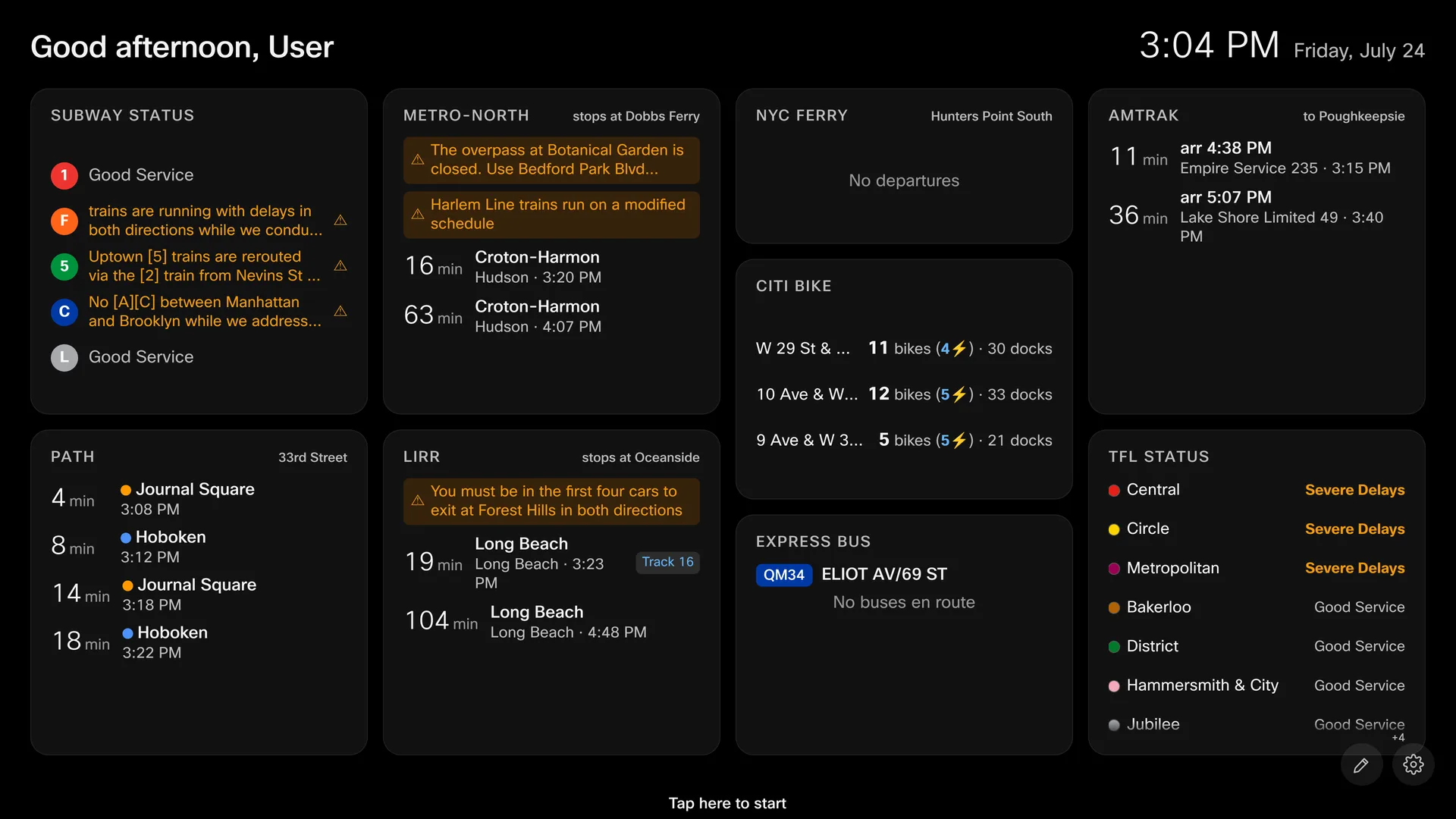A board showing Subway Status, Metro-North, NYC Ferry, Amtrak, PATH, LIRR, Citi Bike, Express Bus, and TfL Status widgets.