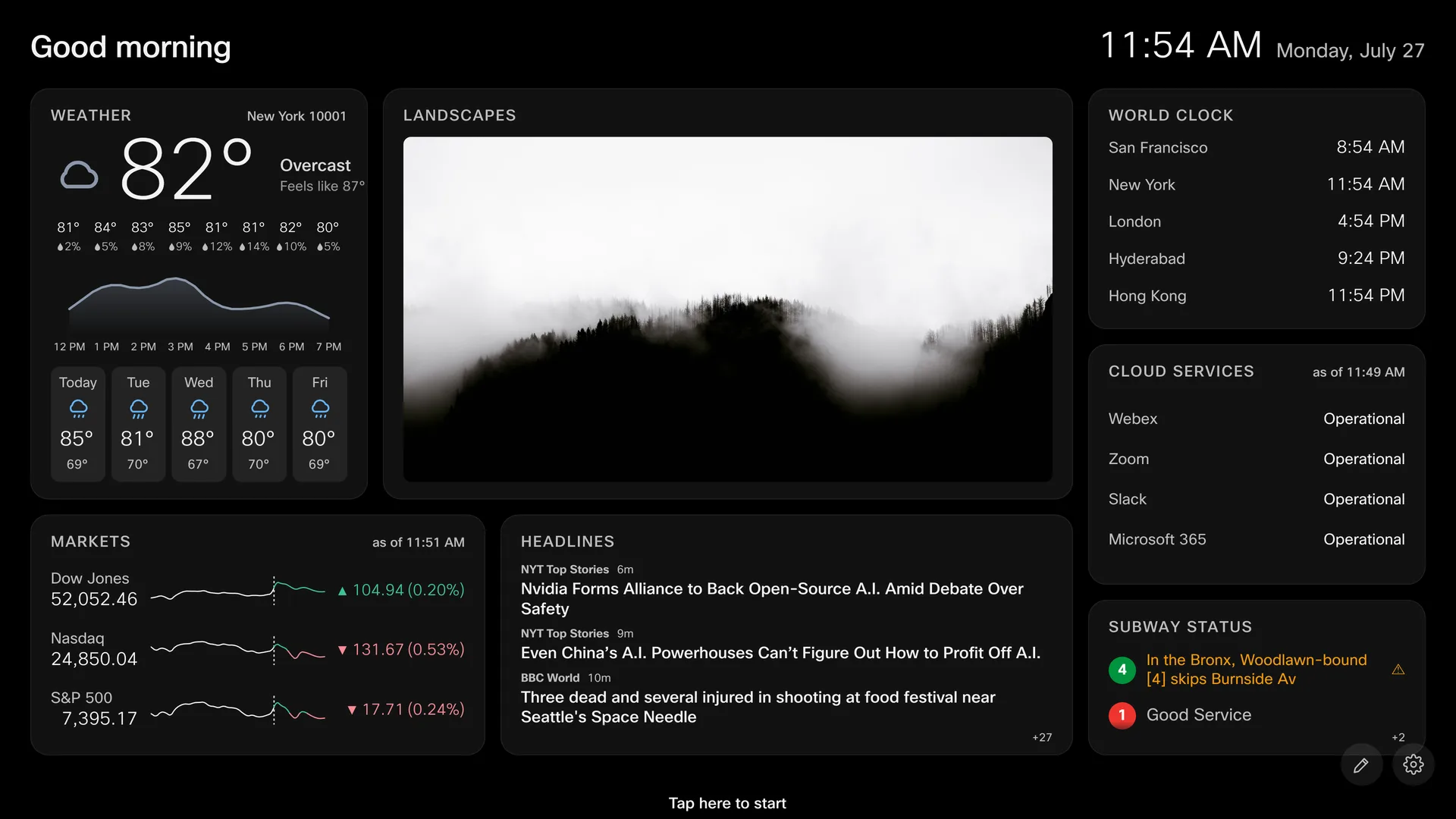 A Room & Board display showing Weather with hourly rain chances, Landscapes, World Clock, Cloud Services, Markets, Headlines, and Subway Status.