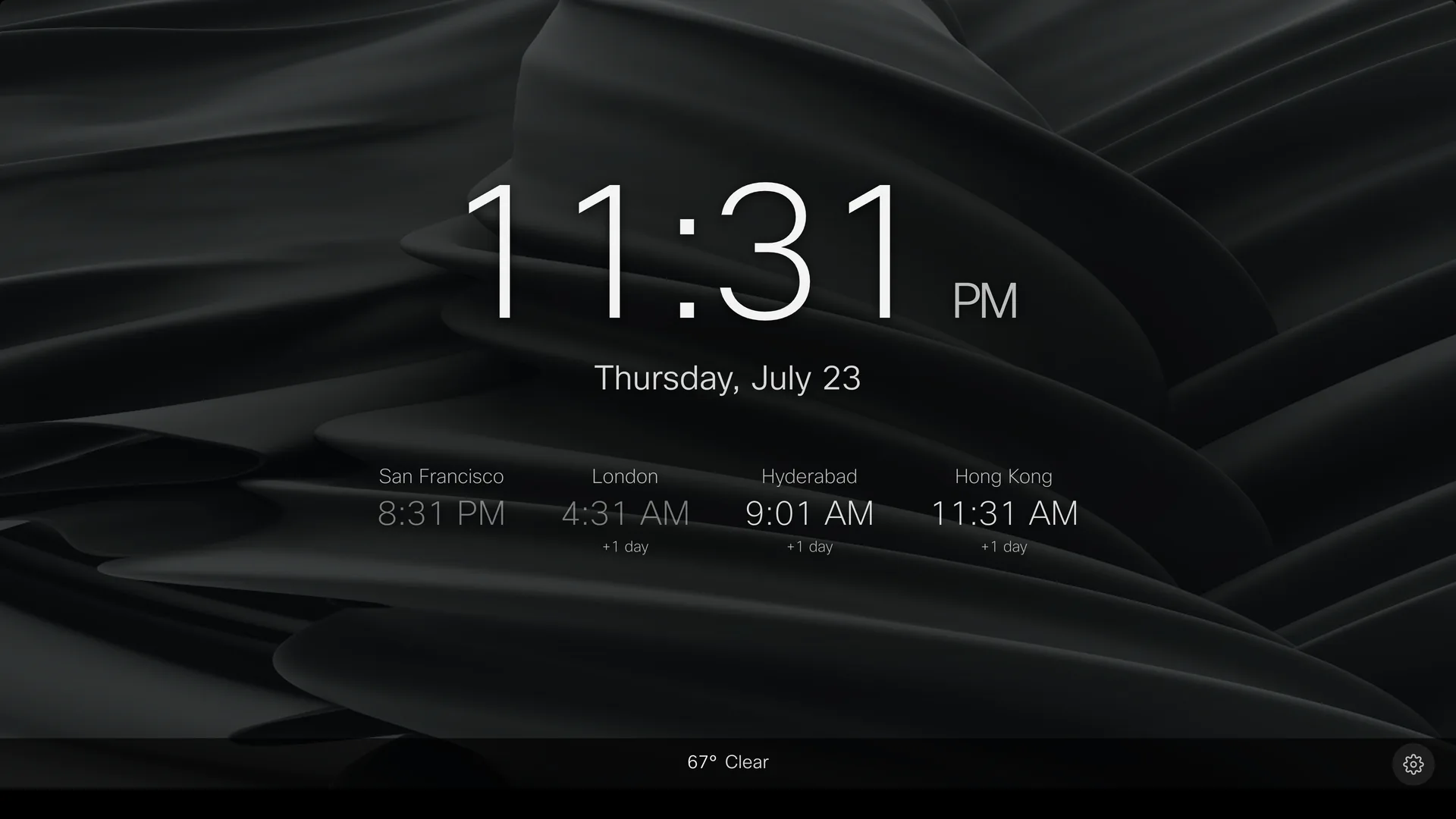 Clock plus world times screensaver: a large clock with the date beneath it, then a row of world times, over a photographic backdrop.